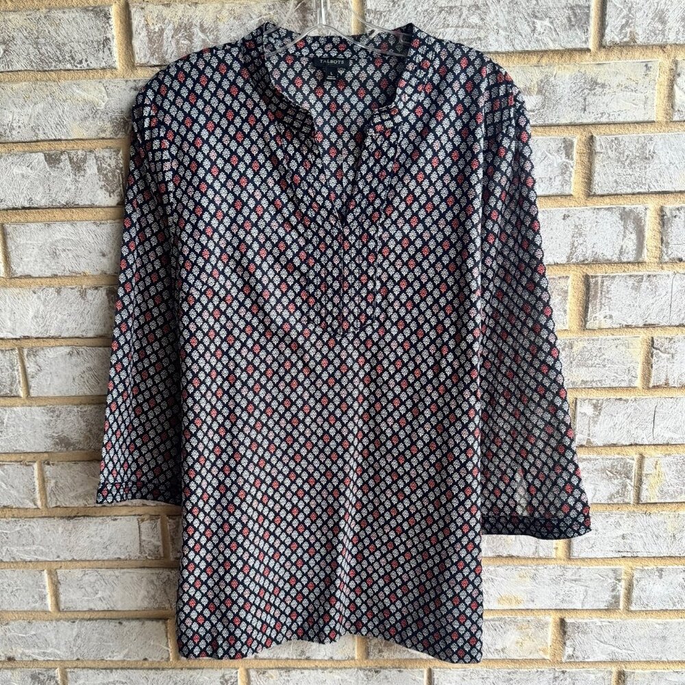 Talbots 3/4 Sleeve V-Neck 100% Cotton Semi Sheer Floral Blouse  Women's Size L.